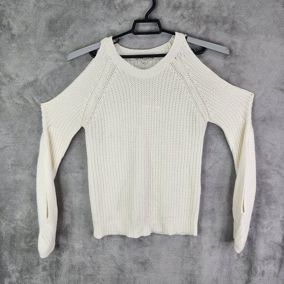 Womens Ivory Love Change Italy Knit Sweater Cold Shoulder Crew Neck Size L - Picture 2 of 9